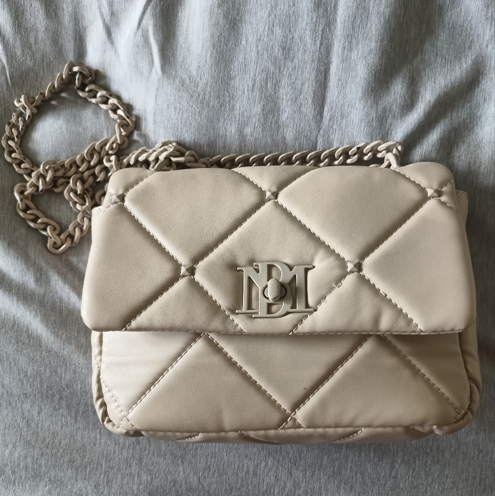 Badgley Mischka quilted studded tan bag.